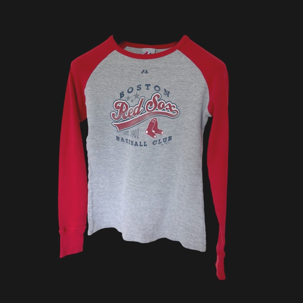 Y2K Majestic Boston Red Sox Thermal Raglan Shirt Gray Red Long Sleeve